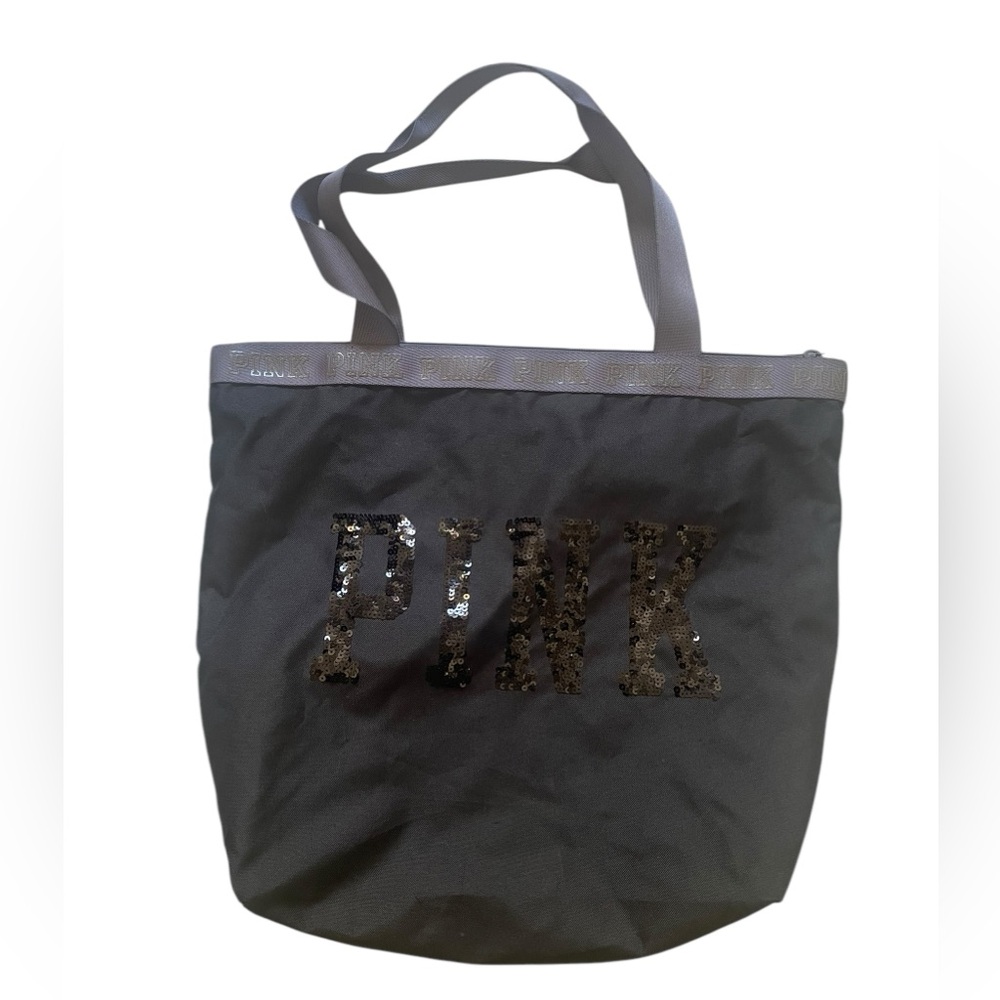 Victoria's Secret PINK Zipper Tote Beach Bag Black w/ Sequin Lettering 19x16”